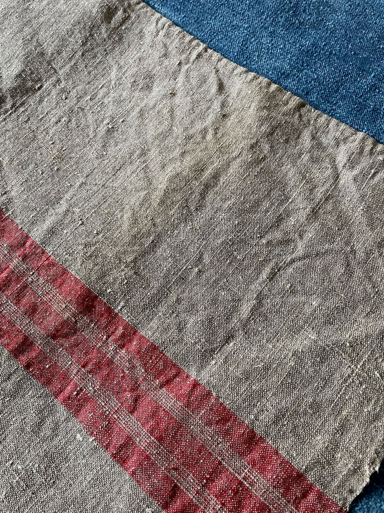 antique french rustic linen fabric with red stripe for upholstery, cushions or sewing projects