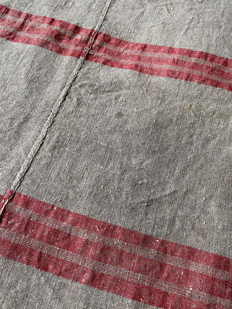 antique french rustic linen fabric with red stripe for upholstery, cushions or sewing projects