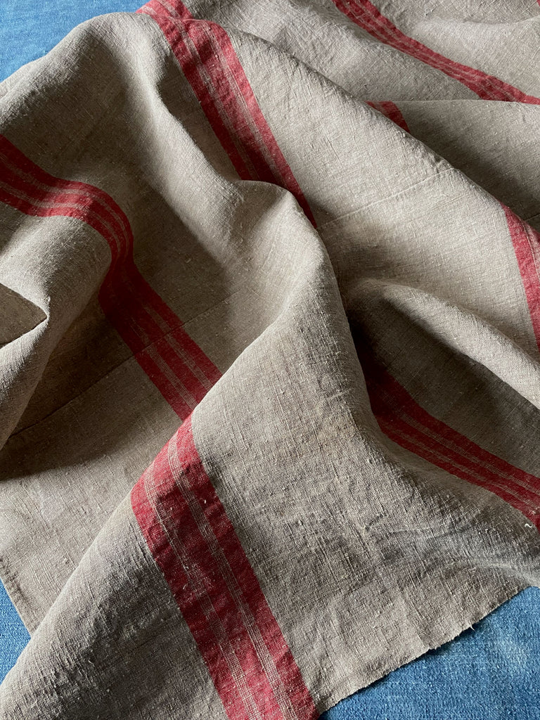 antique french rustic linen fabric with red stripe for upholstery, cushions or sewing projects