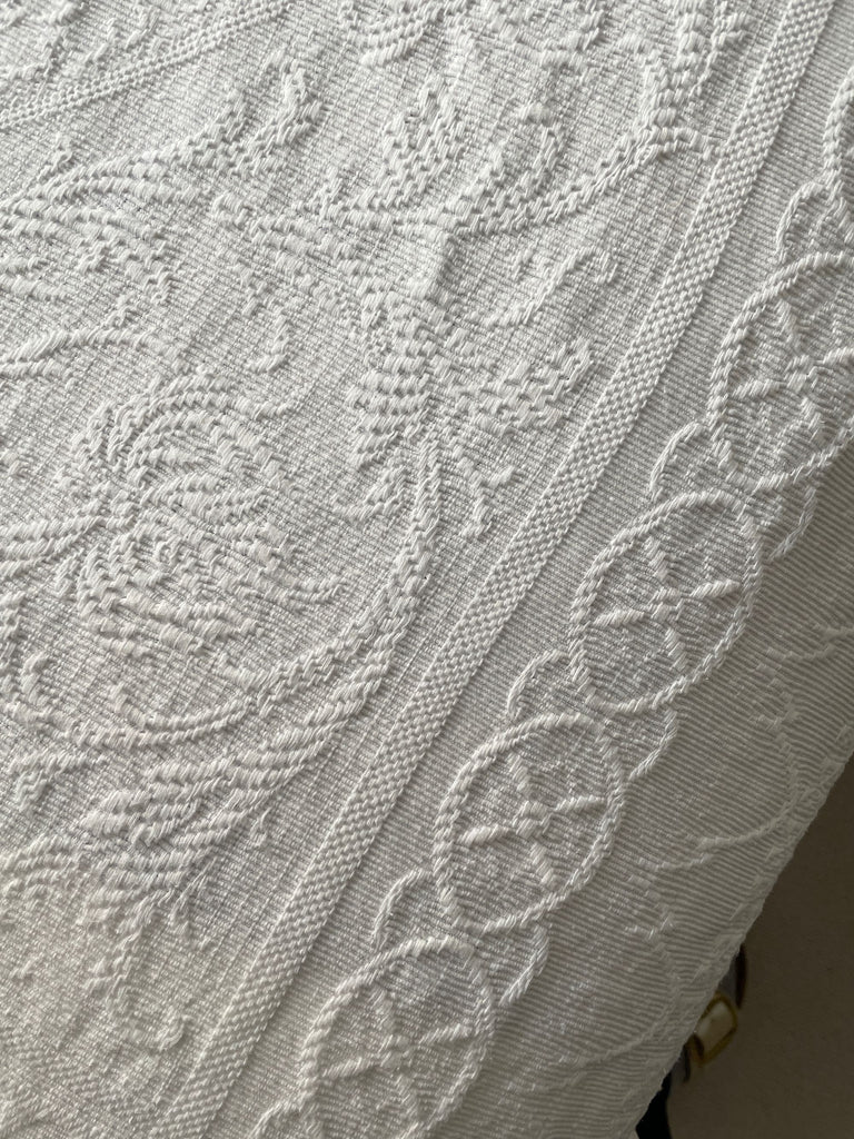 large white vintage french bedspread pique de marseille cotton with cherubs and flower design