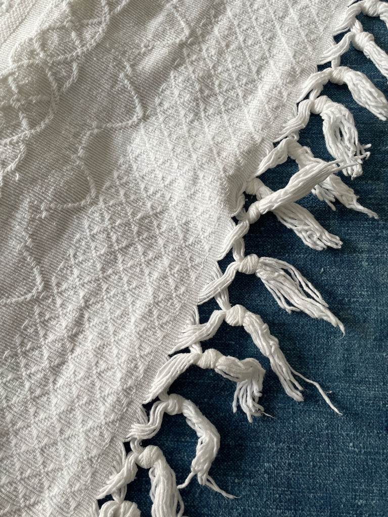 large white vintage french bedspread pique de marseille cotton with cherubs and flower design