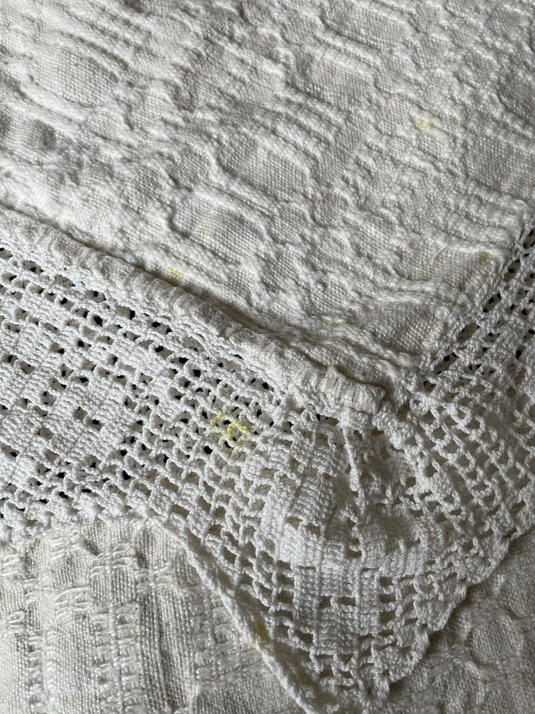 vintage cream bedspread with crochet trim or tablecloth east european folk textile washable