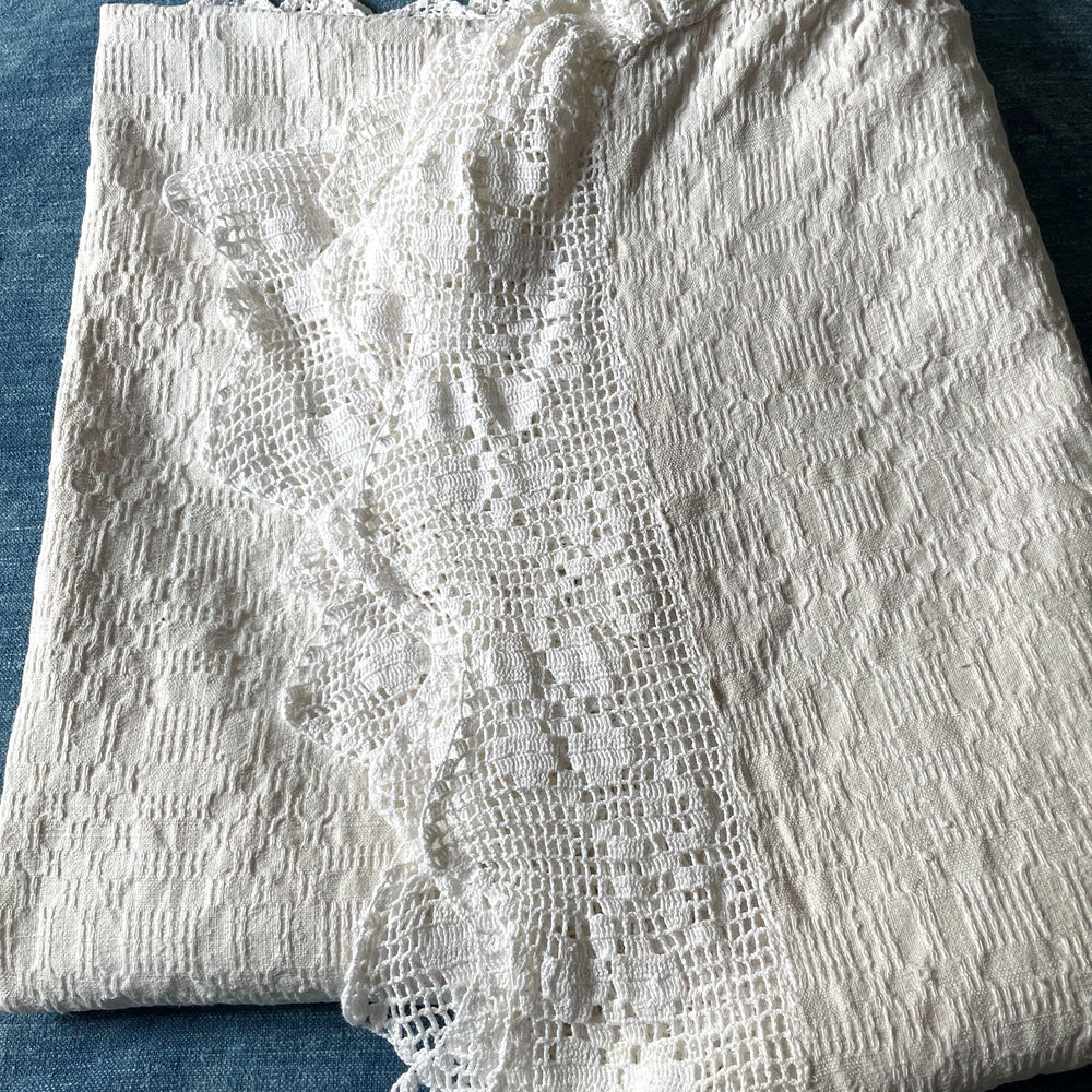 
                  
                    vintage cream bedspread with crochet trim or tablecloth east european folk textile washable
                  
                