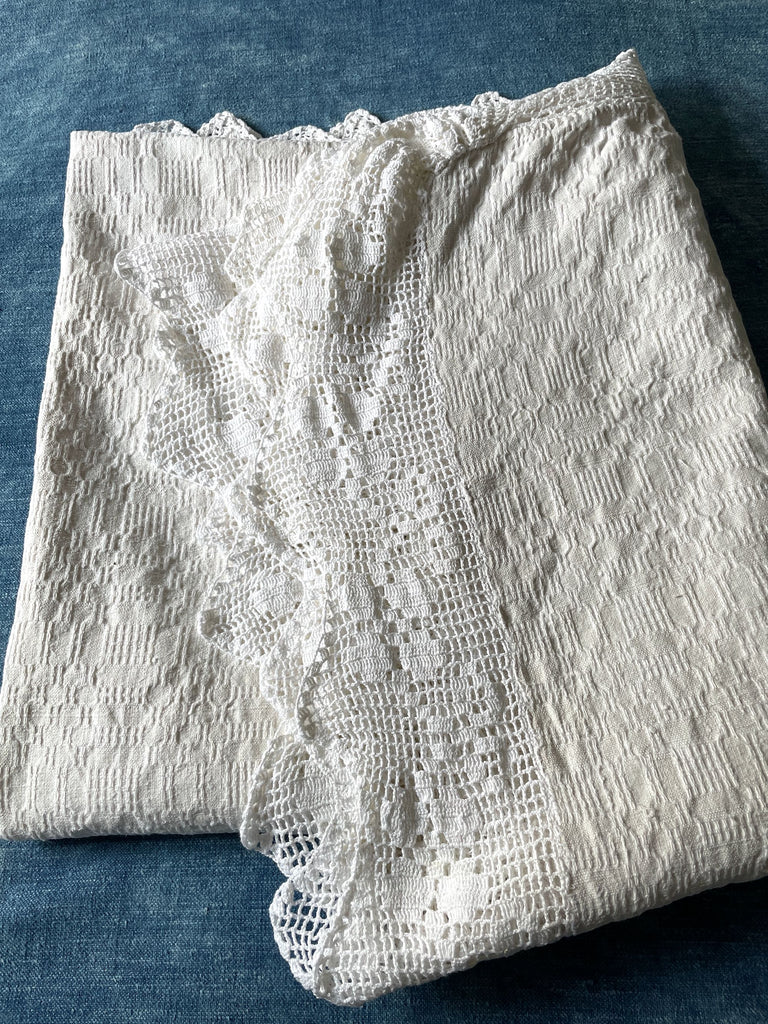 vintage cream bedspread with crochet trim or tablecloth east european folk textile washable