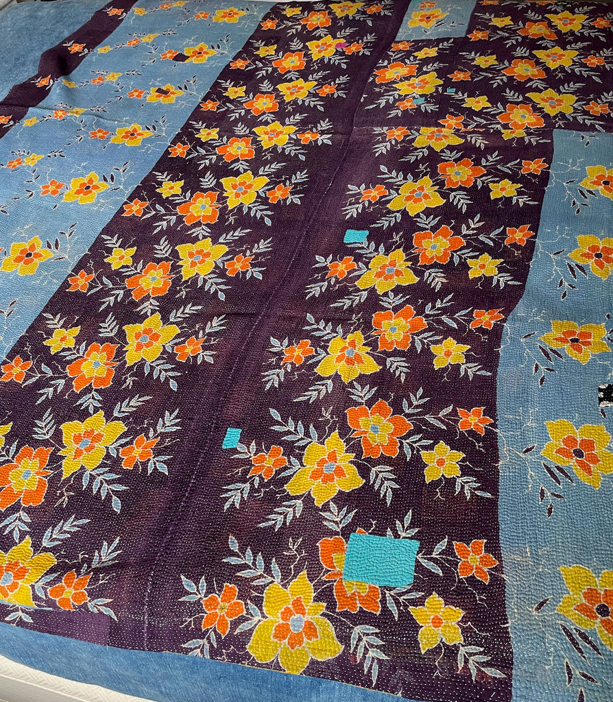 blue purple orange floral cotton bedspread vintage indian kantha quilt washable comforter sofa throw