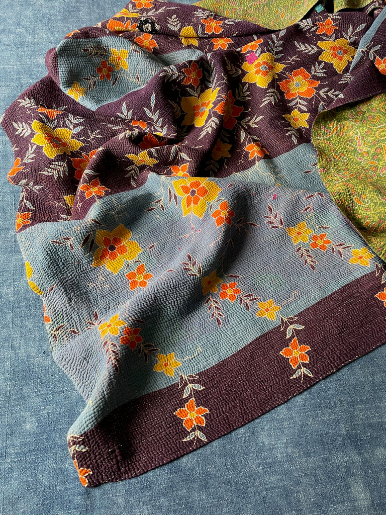 blue purple orange floral cotton bedspread vintage indian kantha quilt washable comforter sofa throw