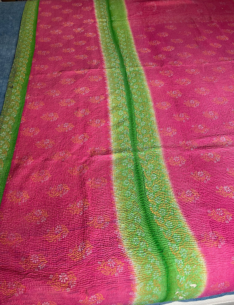 bright pink green orange kantha quilt cotton bedspread single bedcover vintage indian sari quilt
