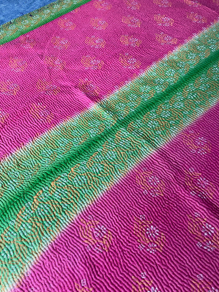 bright pink green orange kantha quilt cotton bedspread single bedcover vintage indian sari quilt