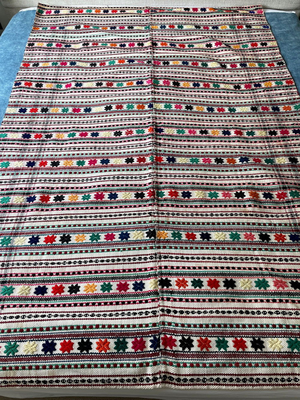 vintage striped throw blanket east europe folk textiles colourful embroidered stars upholstery