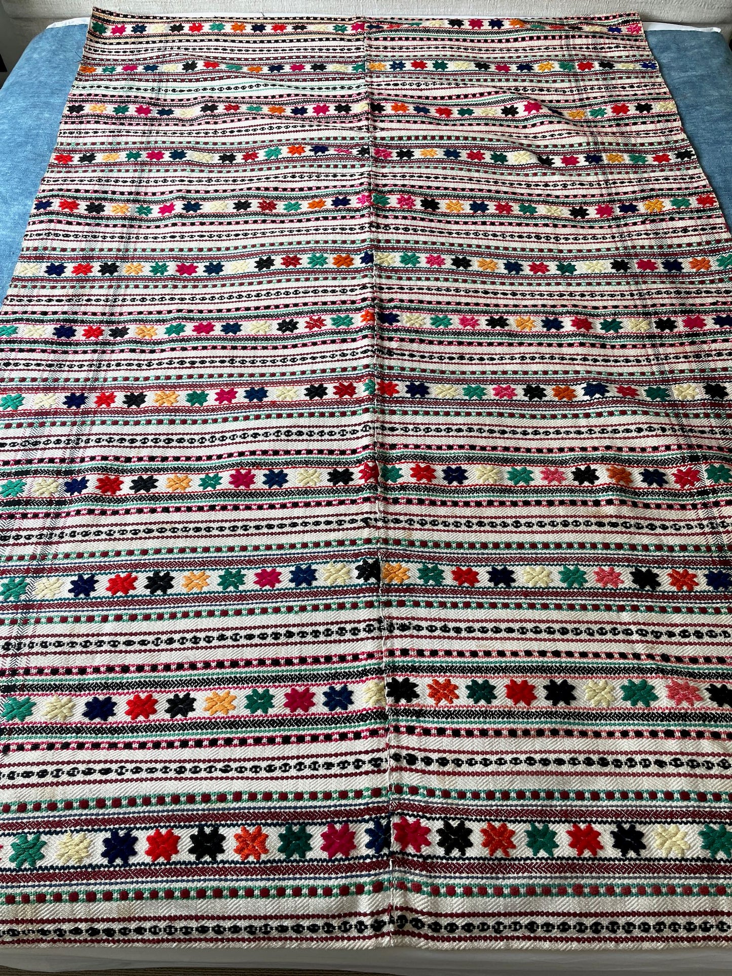 vintage striped throw blanket east europe folk textiles colourful embroidered stars upholstery