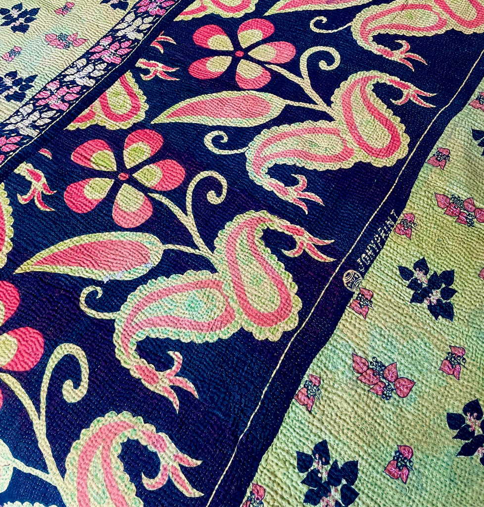 green red black vintage indian sari kantha quilt cotton comforter or sofa throw washable bedspread