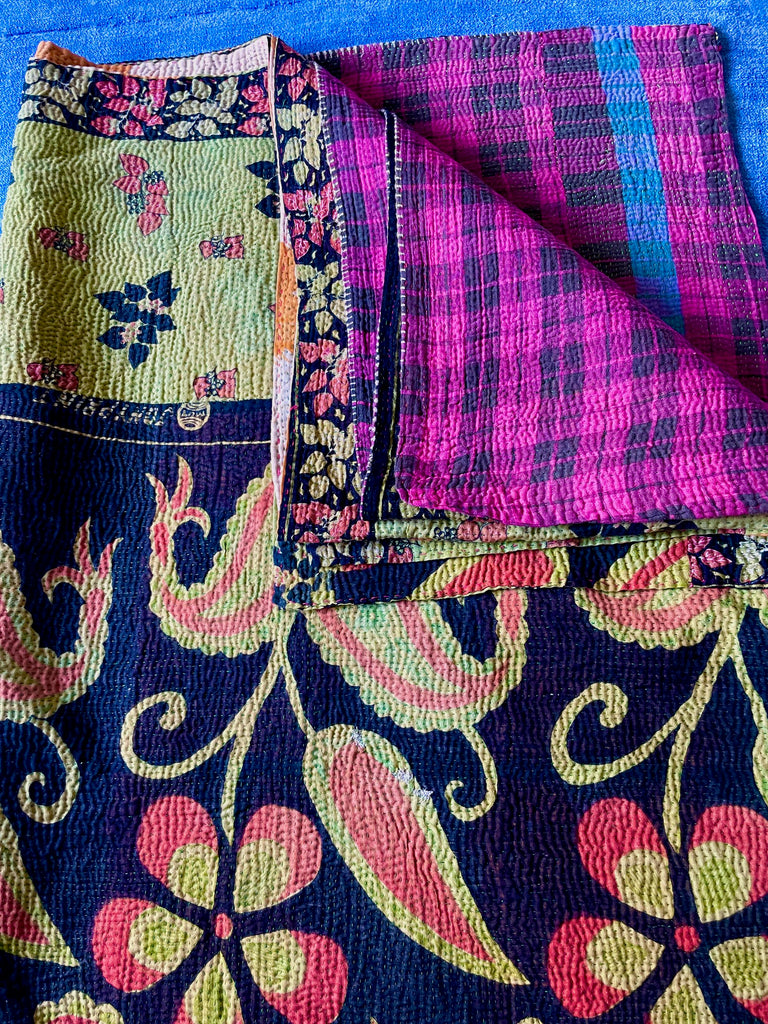 green red black vintage indian sari kantha quilt cotton comforter or sofa throw washable bedspread