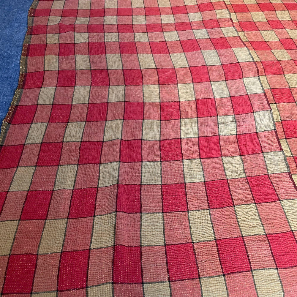 
                  
                    red check and saffron yellow picnic blanket vintage kantha quilt bedspread cotton washable comforter
                  
                