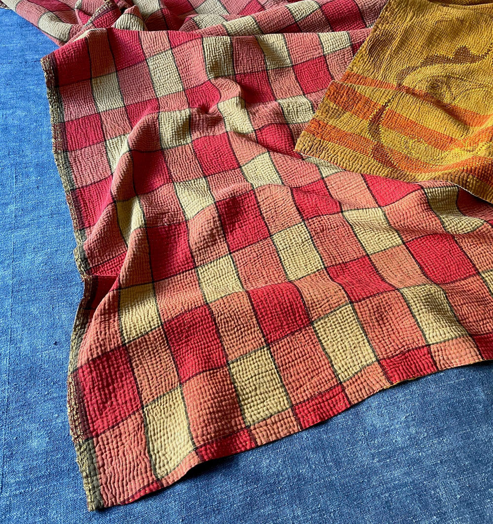 red check and saffron yellow picnic blanket vintage kantha quilt bedspread cotton washable comforter