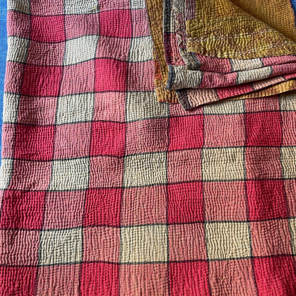 
                  
                    red check and saffron yellow picnic blanket vintage kantha quilt bedspread cotton washable comforter
                  
                