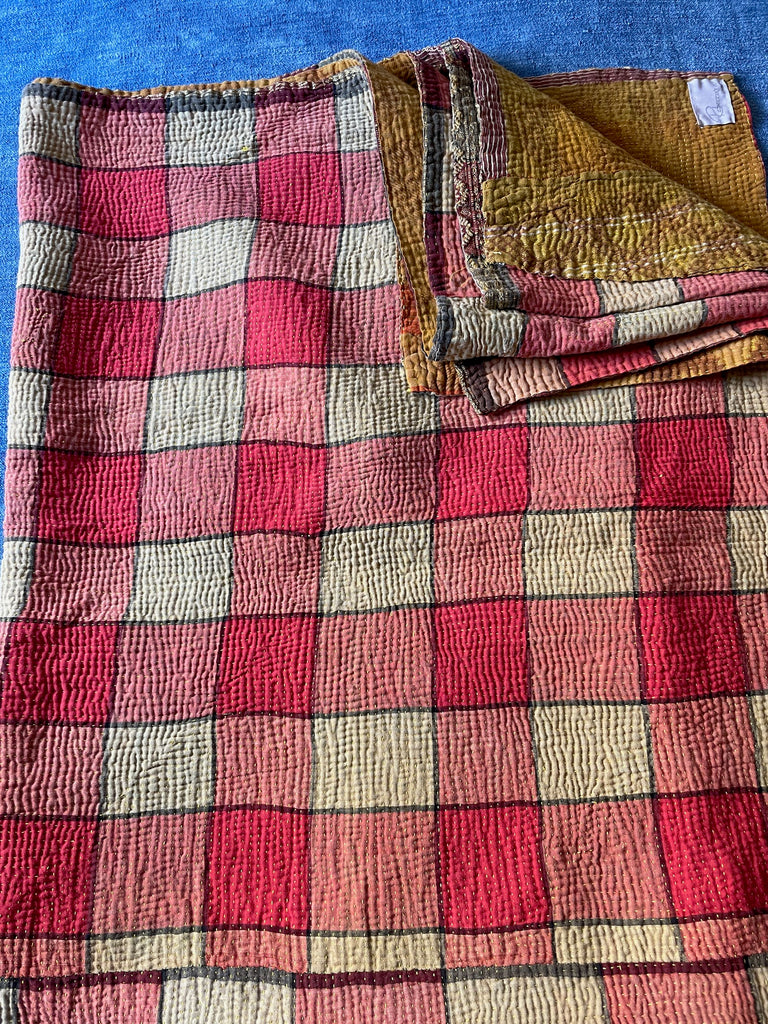 red check and saffron yellow picnic blanket vintage kantha quilt bedspread cotton washable comforter