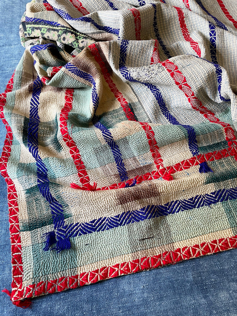 blue red ikat striped cotton vintage kantha quilt embroidered sofa throw bedspread washable
