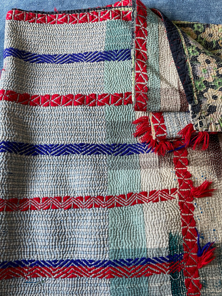 blue red ikat striped cotton vintage kantha quilt embroidered sofa throw bedspread washable
