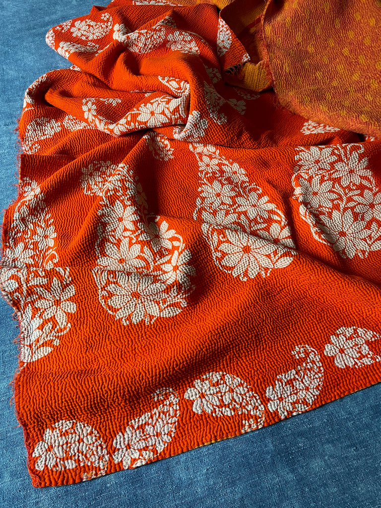bright orange vintage kantha quilt handmade bedspread boteh design cotton comforter sofa throw
