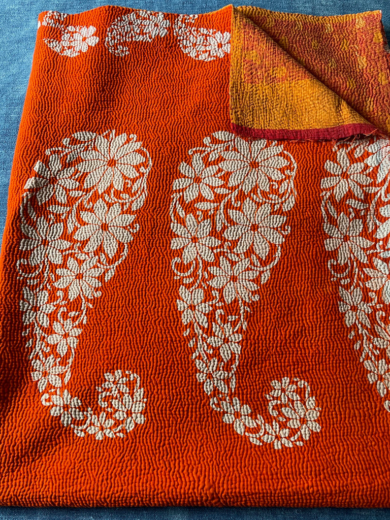bright orange vintage kantha quilt handmade bedspread boteh design co