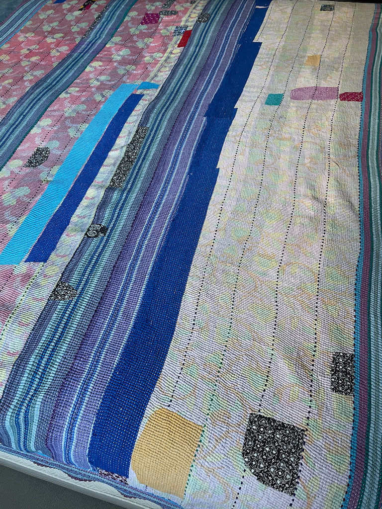 pink blue white patchwork kantha quilt throw handmade cotton comforter large bedspread washable