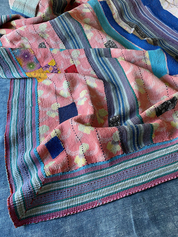 pink blue white patchwork kantha quilt throw handmade cotton comforter large bedspread washable