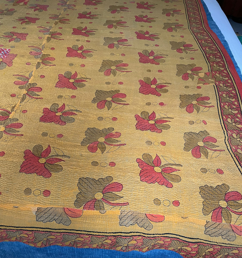 ochre orange yellow kantha quilt large cotton comforter handmade washable bedspread 