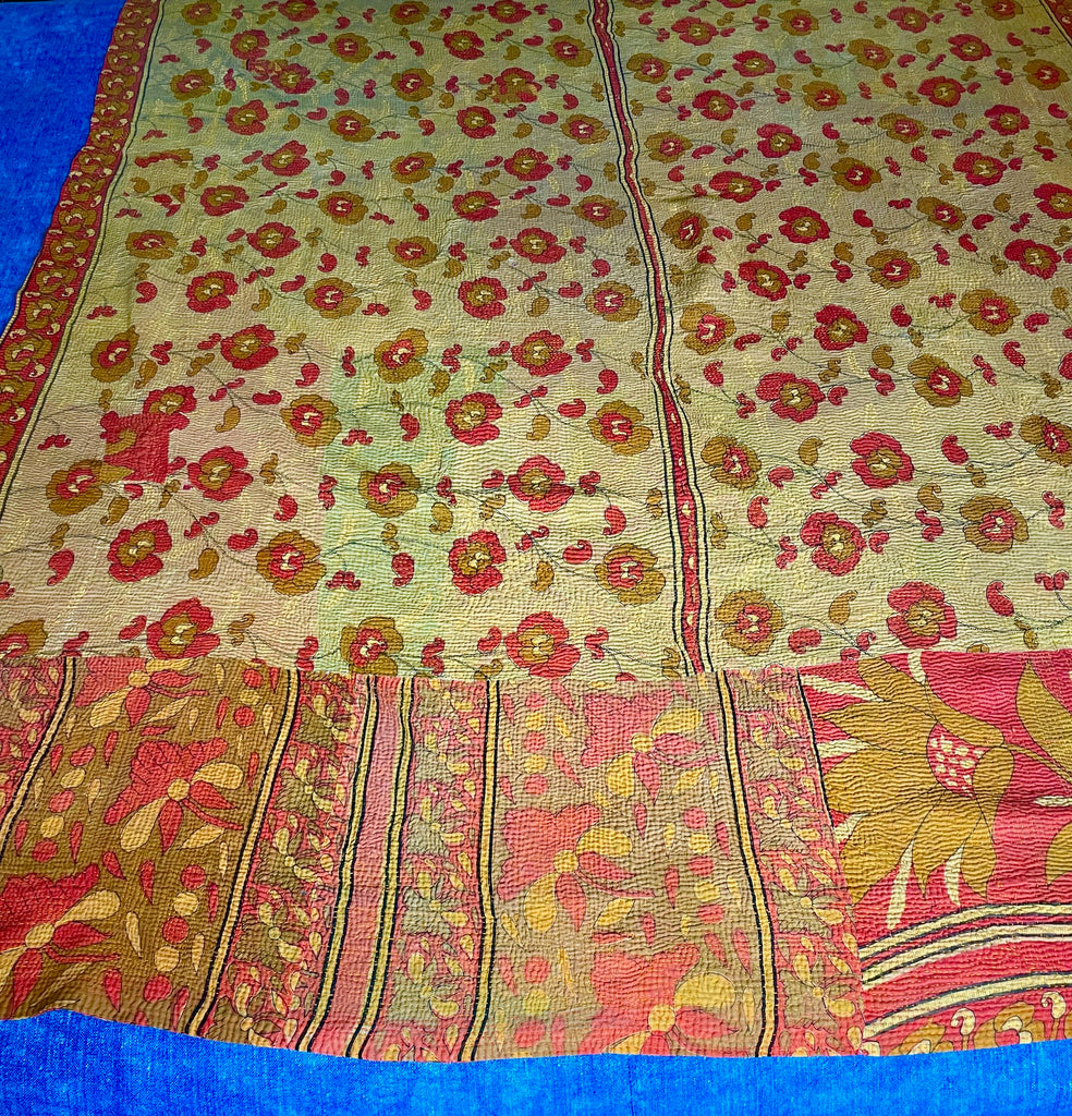 ochre orange yellow kantha quilt large cotton comforter handmade washable bedspread 