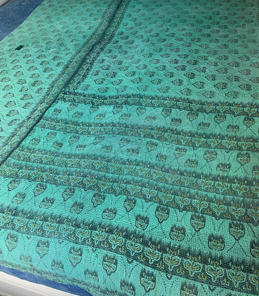 turquoise green blue kantha bedspread cotton bedcover hand stitched kantha sari quilt washable