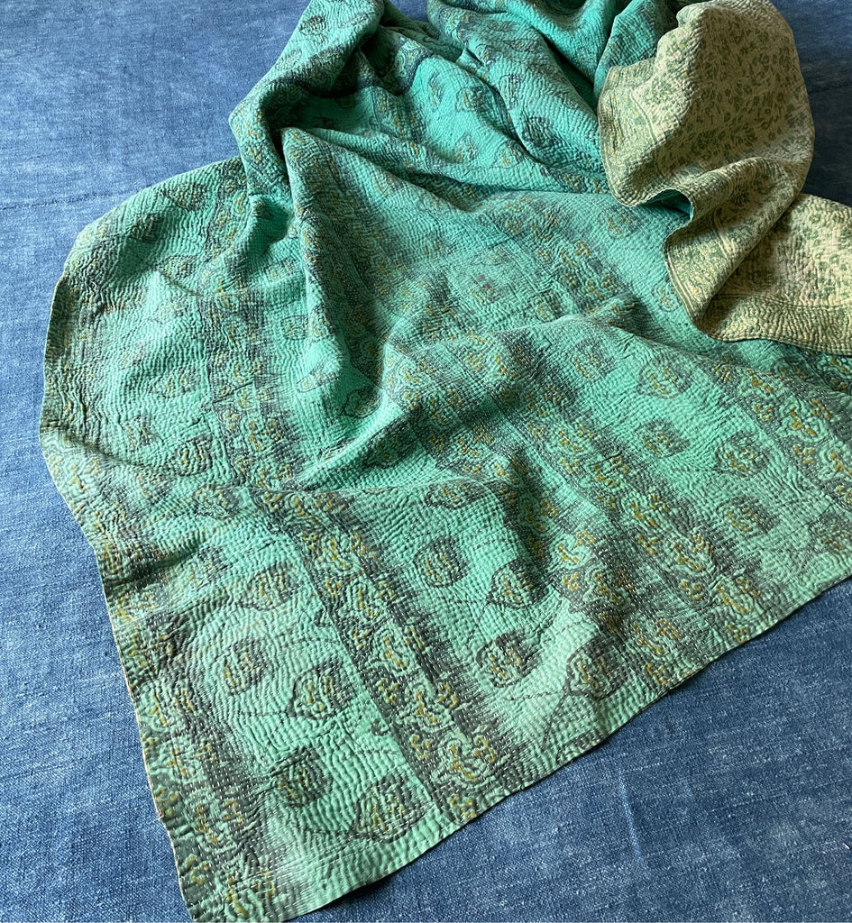 turquoise green blue kantha bedspread cotton bedcover hand stitched kantha sari quilt washable