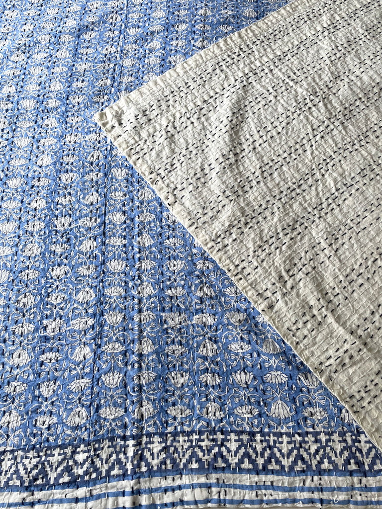 cornflower blue large kantha quilt cotton bedspread block print bedcover handmade washable