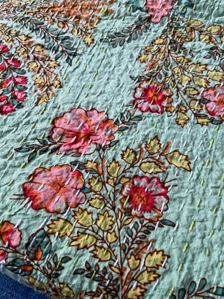 green pink floral bedspread colourful large blockprint kantha quilt cotton comforter exotic blooms