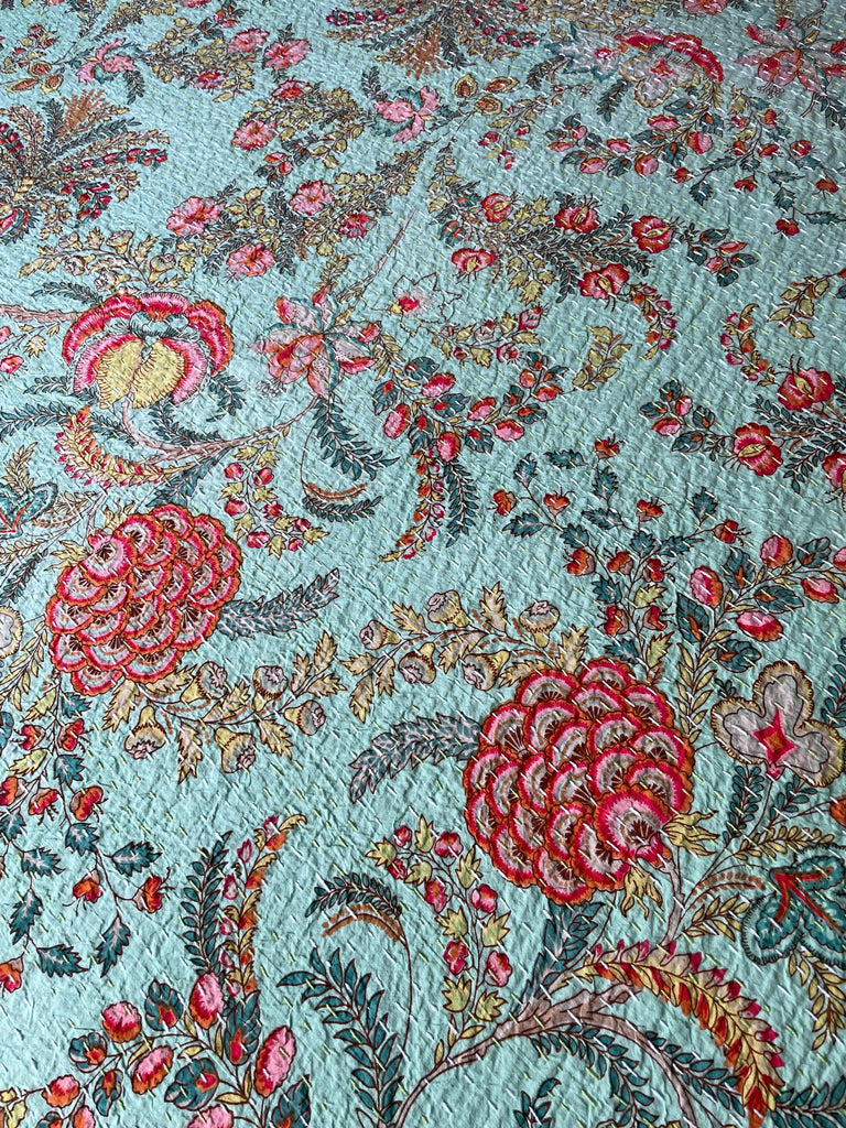 green pink floral bedspread colourful large blockprint kantha quilt cotton comforter exotic blooms