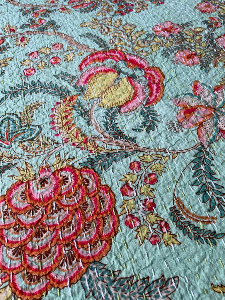 green pink floral bedspread colourful large blockprint kantha quilt cotton comforter exotic blooms