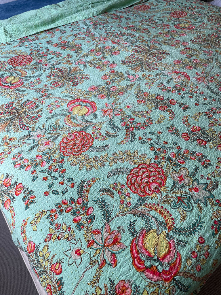 green pink floral bedspread colourful large blockprint kantha quilt cotton comforter exotic blooms