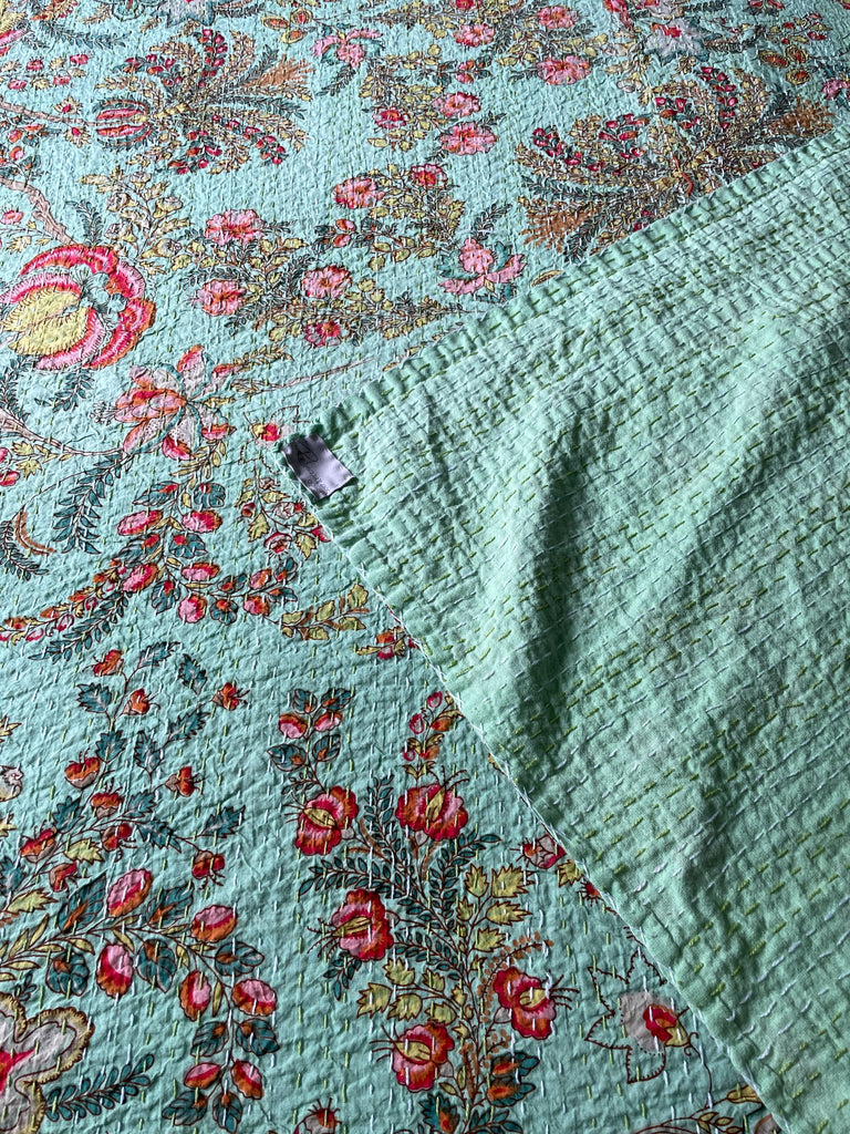 green pink floral bedspread colourful large blockprint kantha quilt cotton comforter exotic blooms