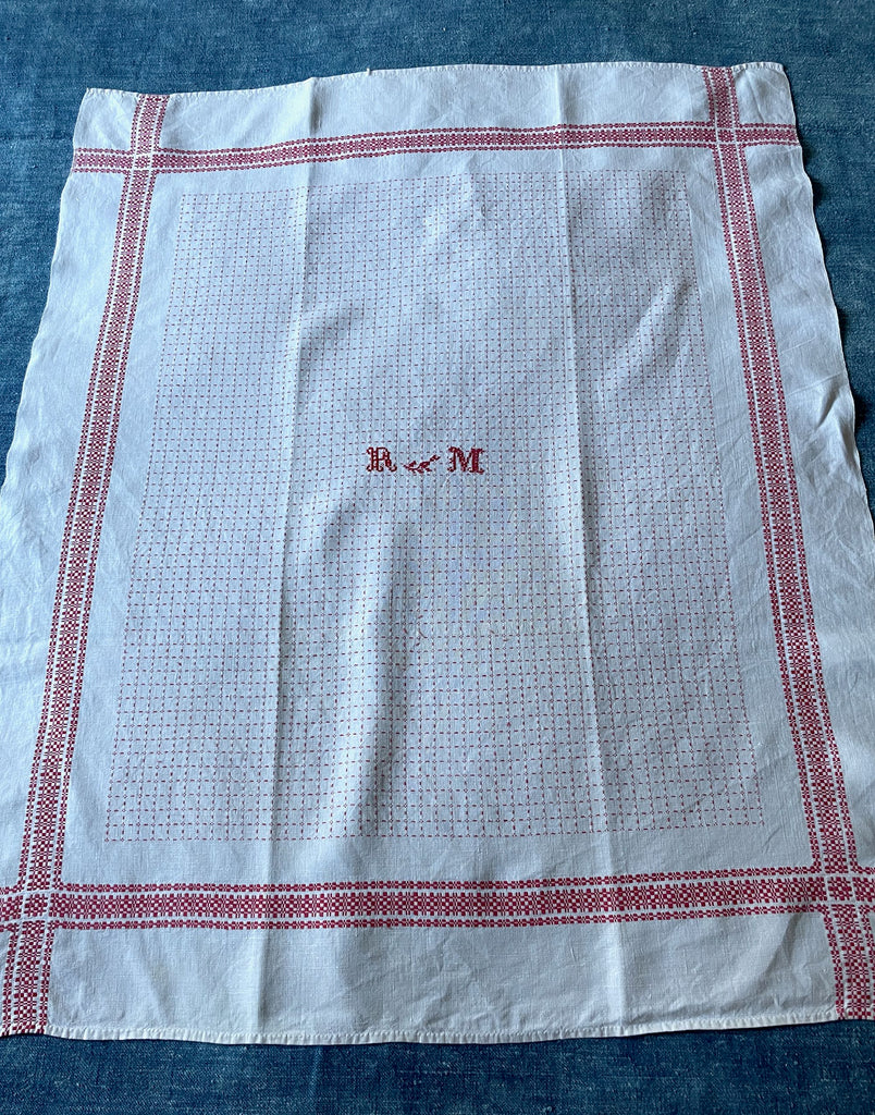 white pink antique french linen towels serviettes embroidered monogrammed RM heirloom textiles