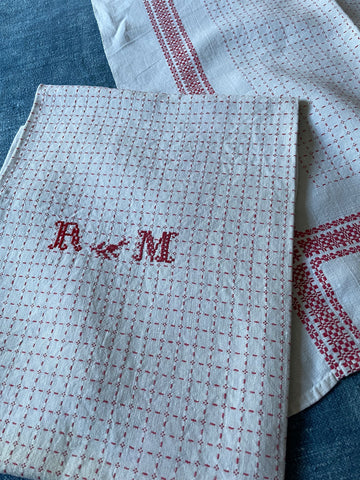 white pink antique french linen towels serviettes embroidered monogrammed RM heirloom textiles