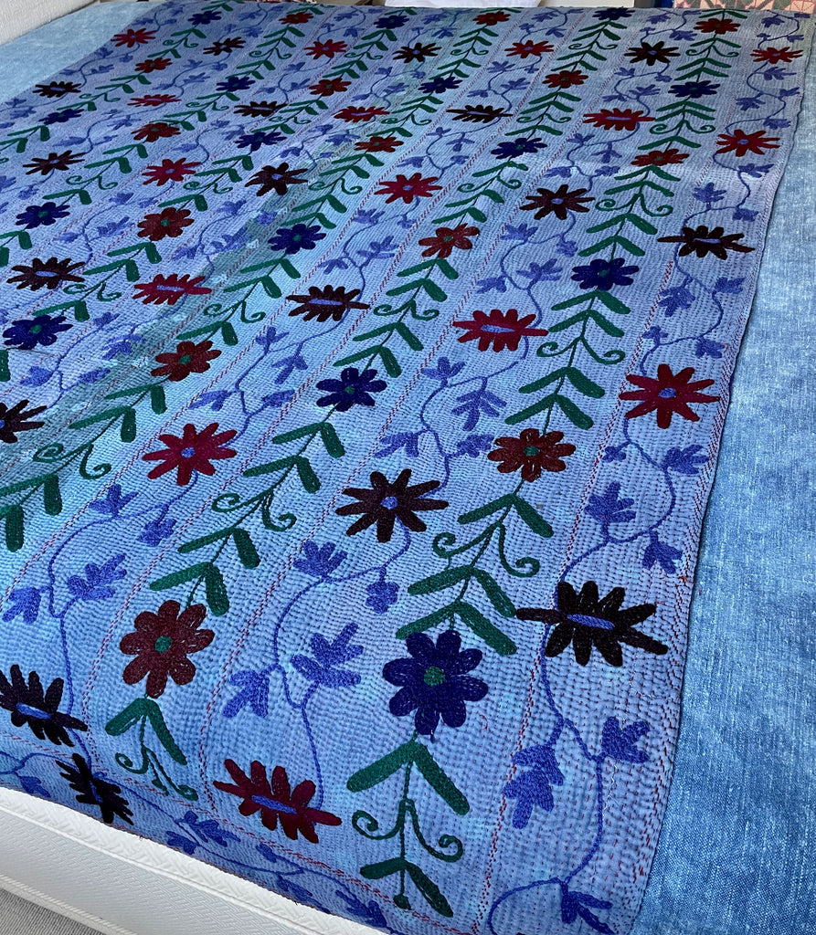 blue suzani bedspread vintage indian kantha quilt embroidered in red and green cotton comforter