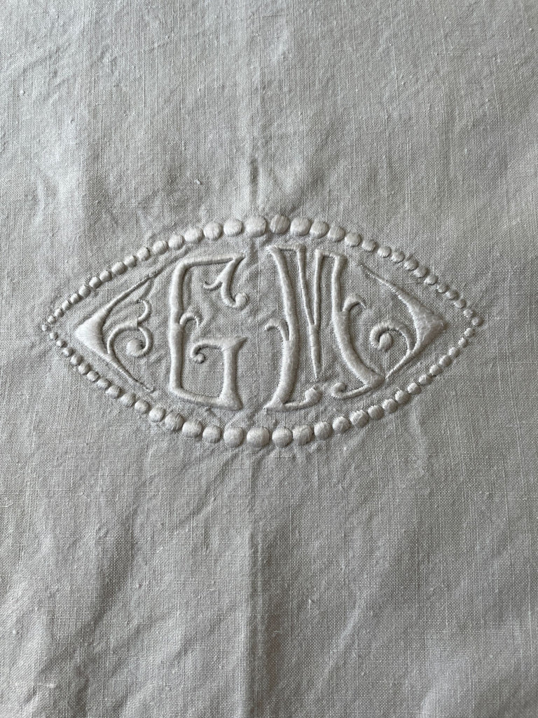 antique french linen sheet and pillow covers embroidered GM large bed sheet natural curtain