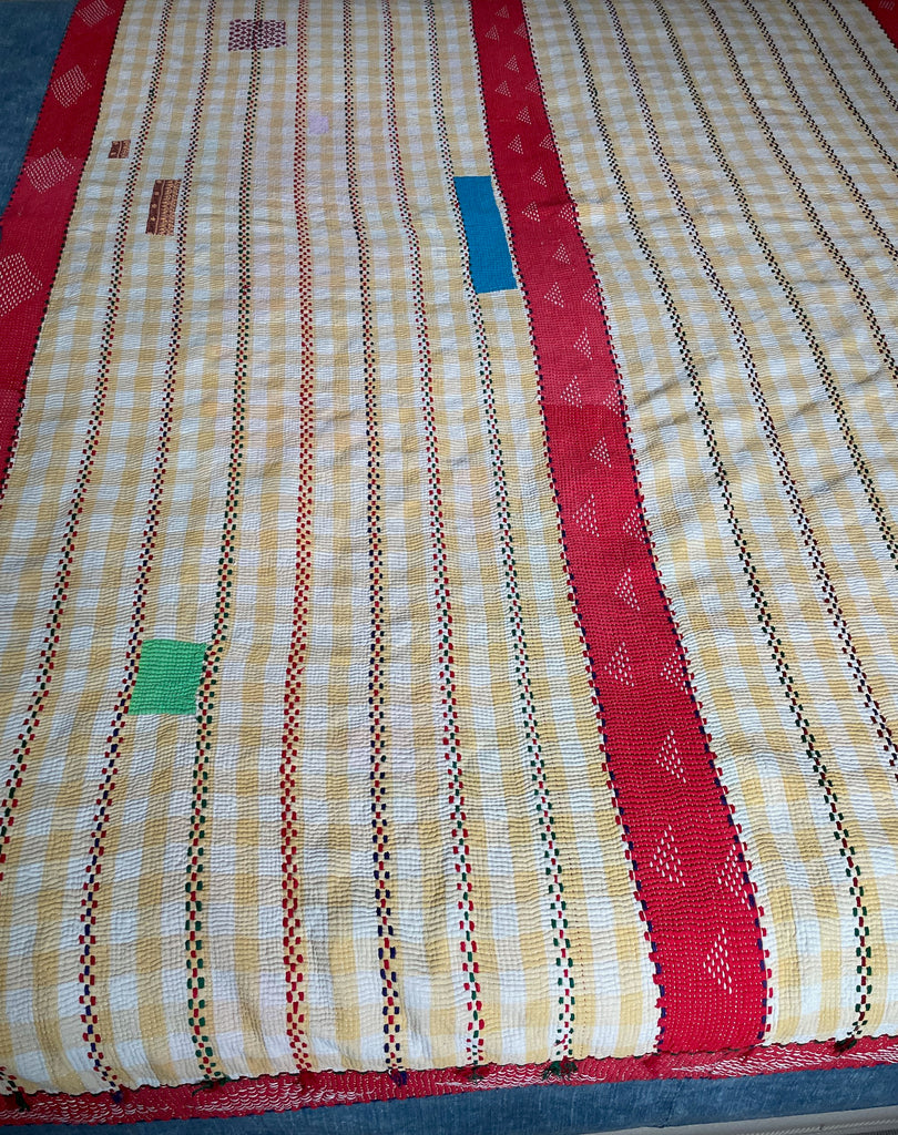 red stripe yellow check large kantha quilt cotton bedcover hand stitched bedspread washable