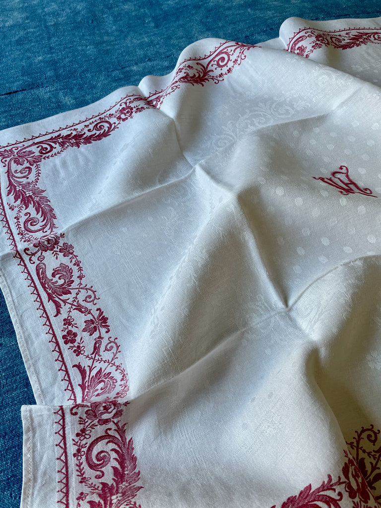 12 antique french table napkins linen damask serviettes embroidered VA excellent condition 