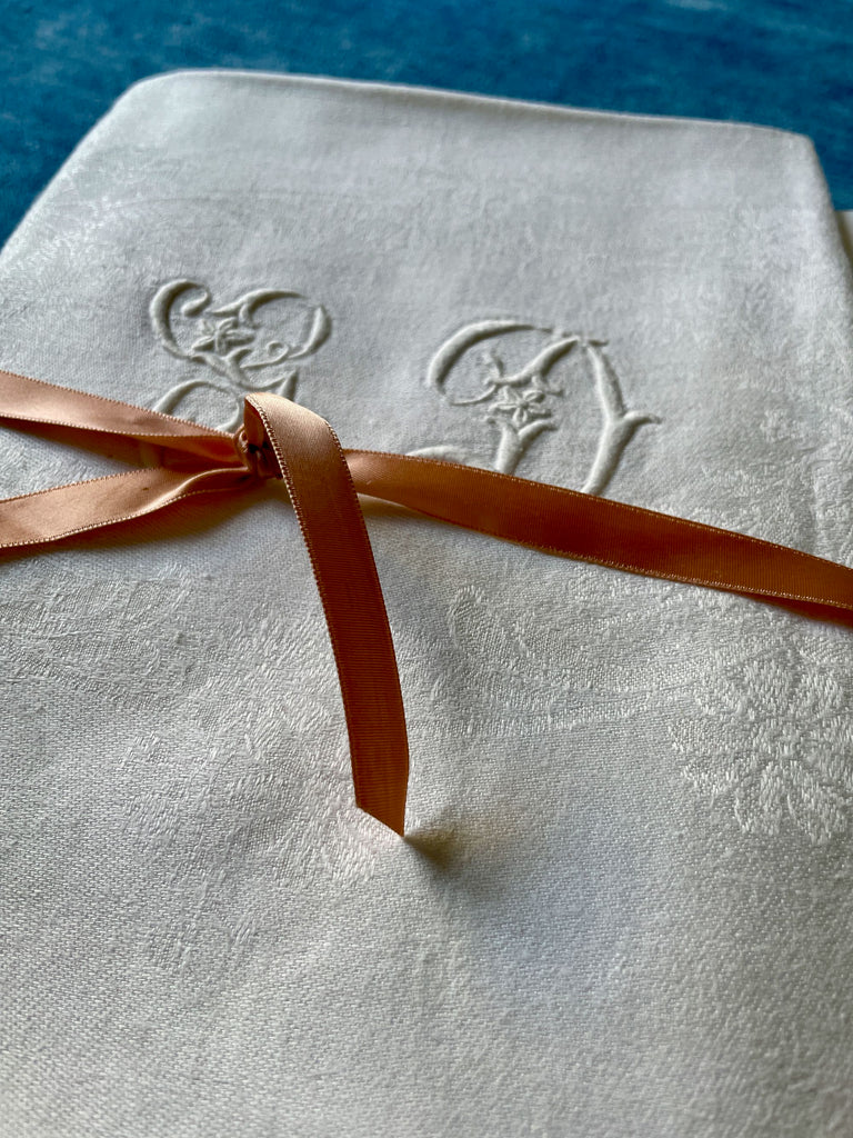 set of 12 table napkins antique french damask serviettes embroidered GD monogrammed GD
