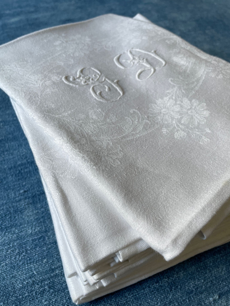 set of 12 table napkins antique french damask serviettes embroidered GD monogrammed GD
