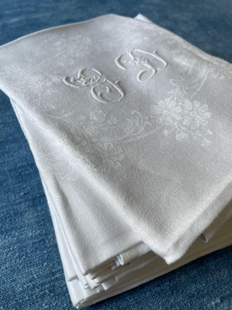 set of 12 table napkins antique french damask serviettes embroidered GD monogrammed GD