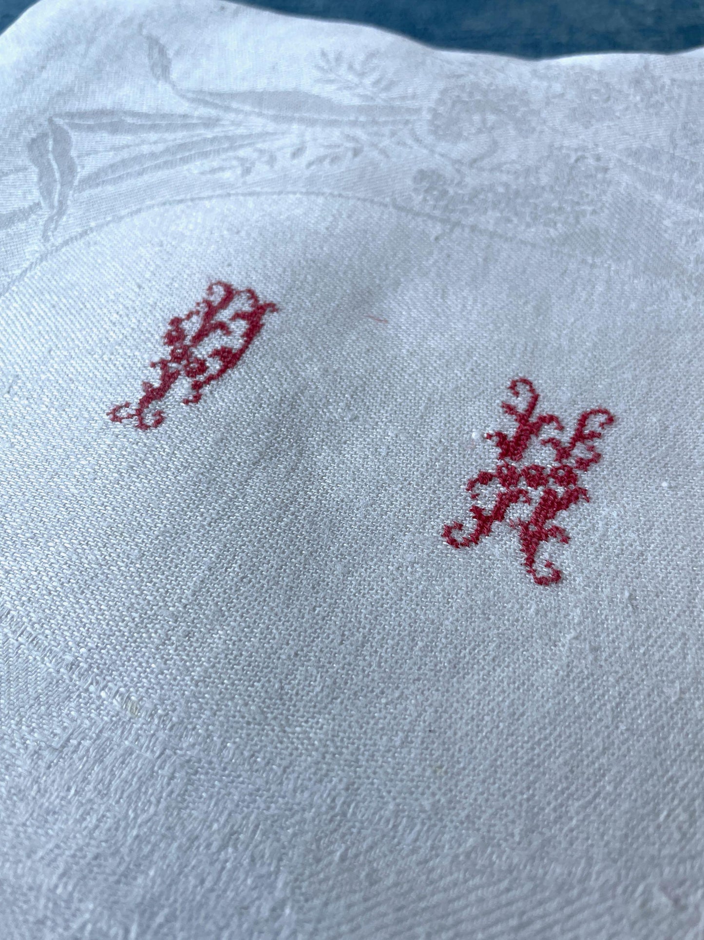 set of 9 antique french linen damask table napkins monogrammed PH  9 white serviettes 