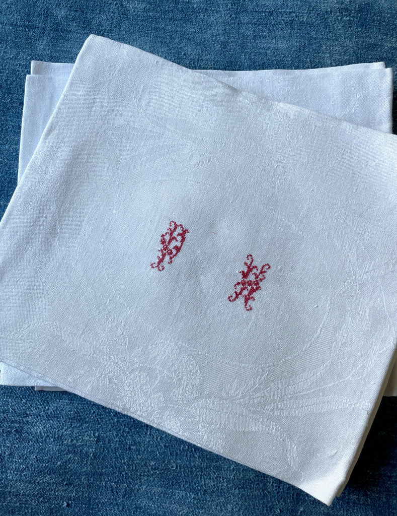 set of 9 antique french linen damask table napkins monogrammed PH  9 white serviettes 