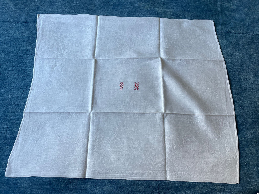 set of 9 antique french linen damask table napkins monogrammed PH  9 white serviettes 