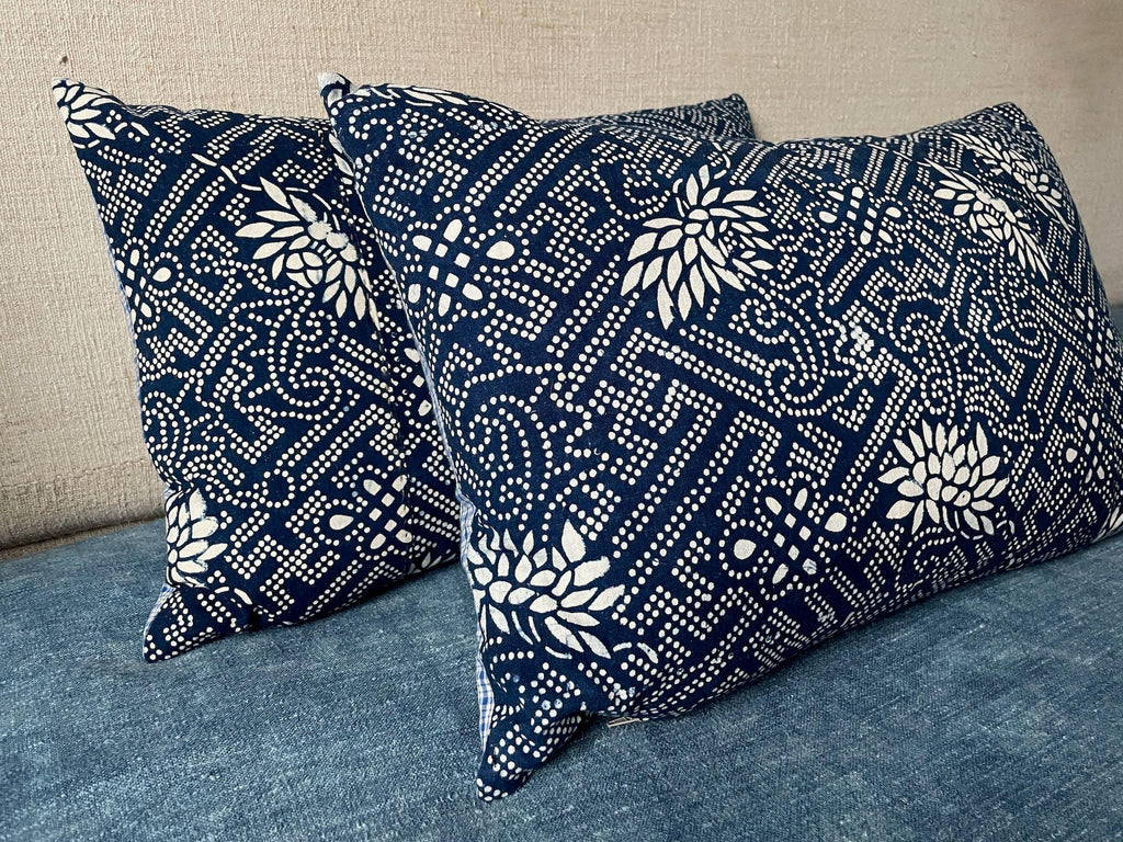 vintage chinese indigo paste resist cushions blue rectangular pillows with feather pad handmade