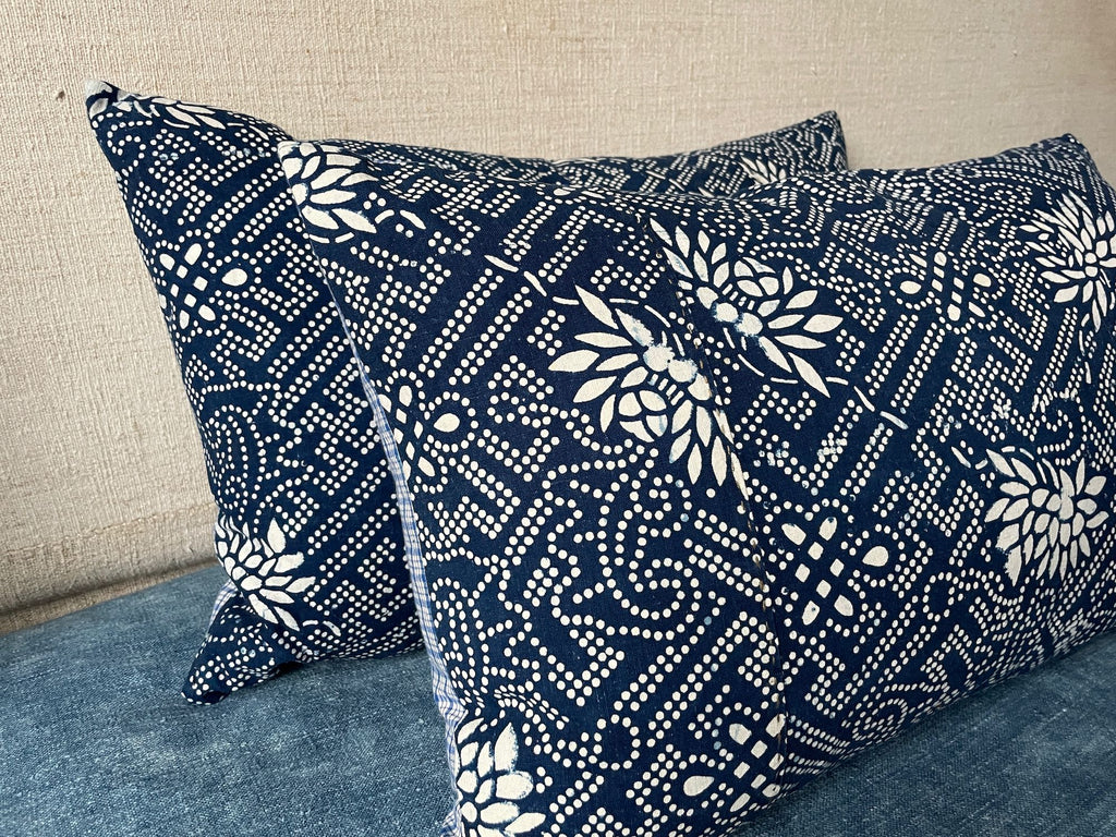 vintage chinese indigo paste resist cushions blue rectangular pillows with feather pad handmade